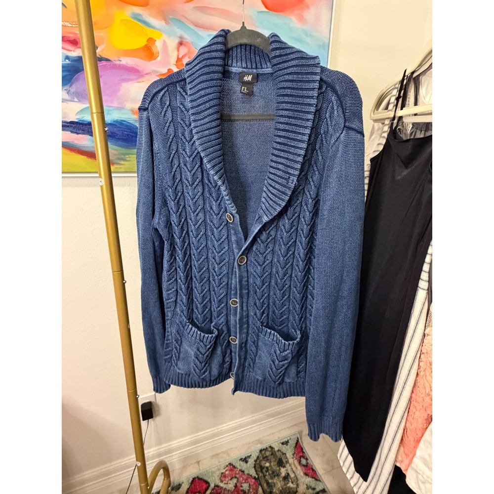 HM Blue Cable Knit Shawl Collar Button Front Cardigan Sweater XL